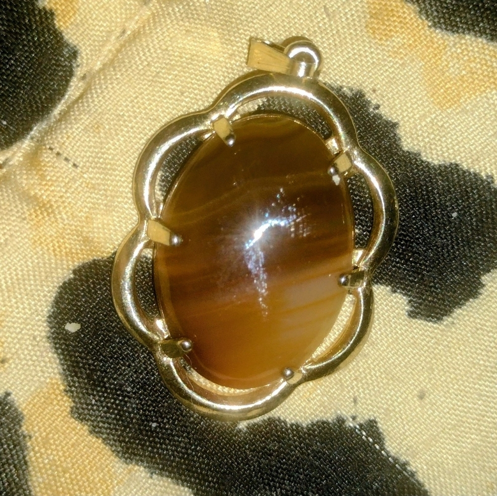 Vintage Mid-Century Moss Agate Pendant: Goldtone Scalloped State
